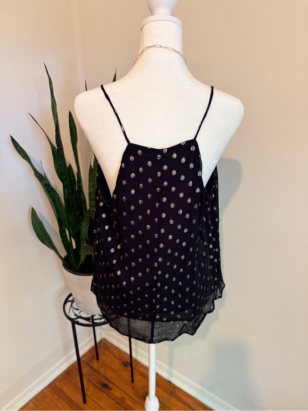 LOFT Black Metallic Gold Dot V-Neck Camisole Tank Top MP - Picture 3 of 9